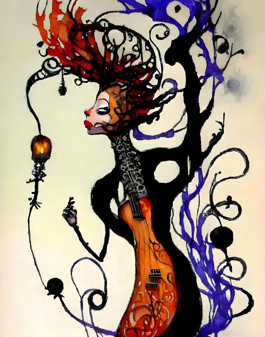 Abstract Human Figure Fusion with Violin Body and Fiery Hair - Swirling Lines Artwork