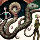 Illustration of man with balloon near giant snail and woman on shell