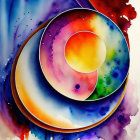 Colorful Abstract Artwork with Central Spiral Design and Ink Blotches