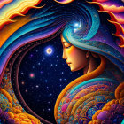 Colorful surreal illustration of woman with cosmic theme