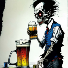 Illustration of person with robotic face holding beer glass and pitcher on table.