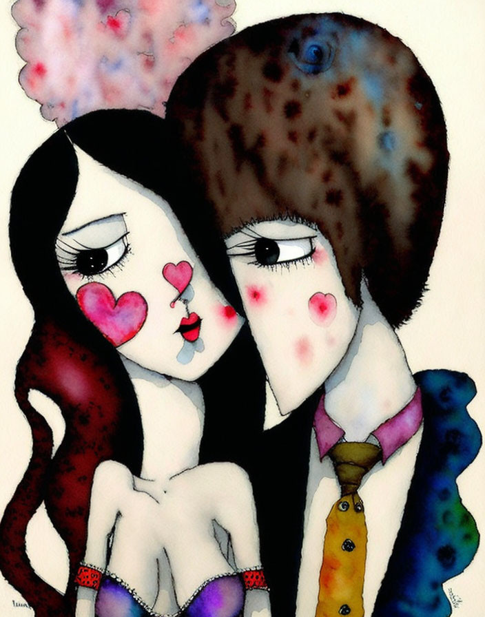 Colorful stylized figures with heart-shaped cheeks in close bond.