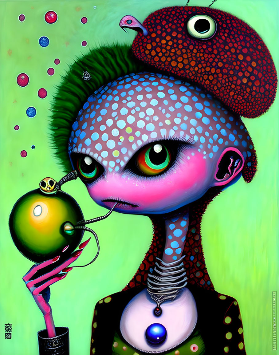 Colorful stylized illustration: Character with large polka-dotted head, big green eyes, small