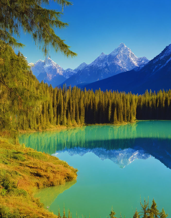 Tranquil Mountain Lake with Turquoise Water and Snow-Capped Peaks