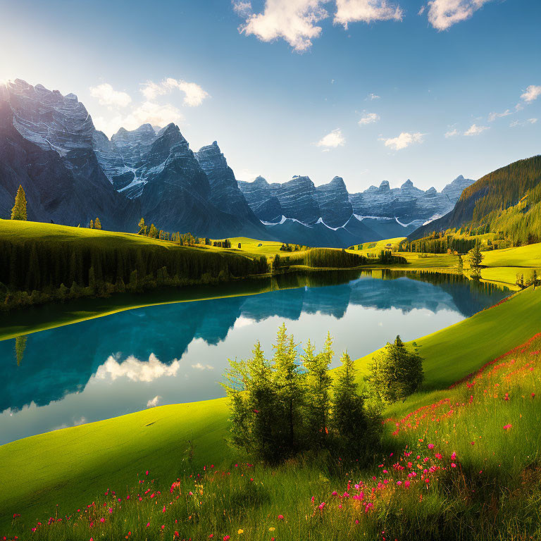 Scenic green meadow with wildflowers, lake, mountains, and blue sky