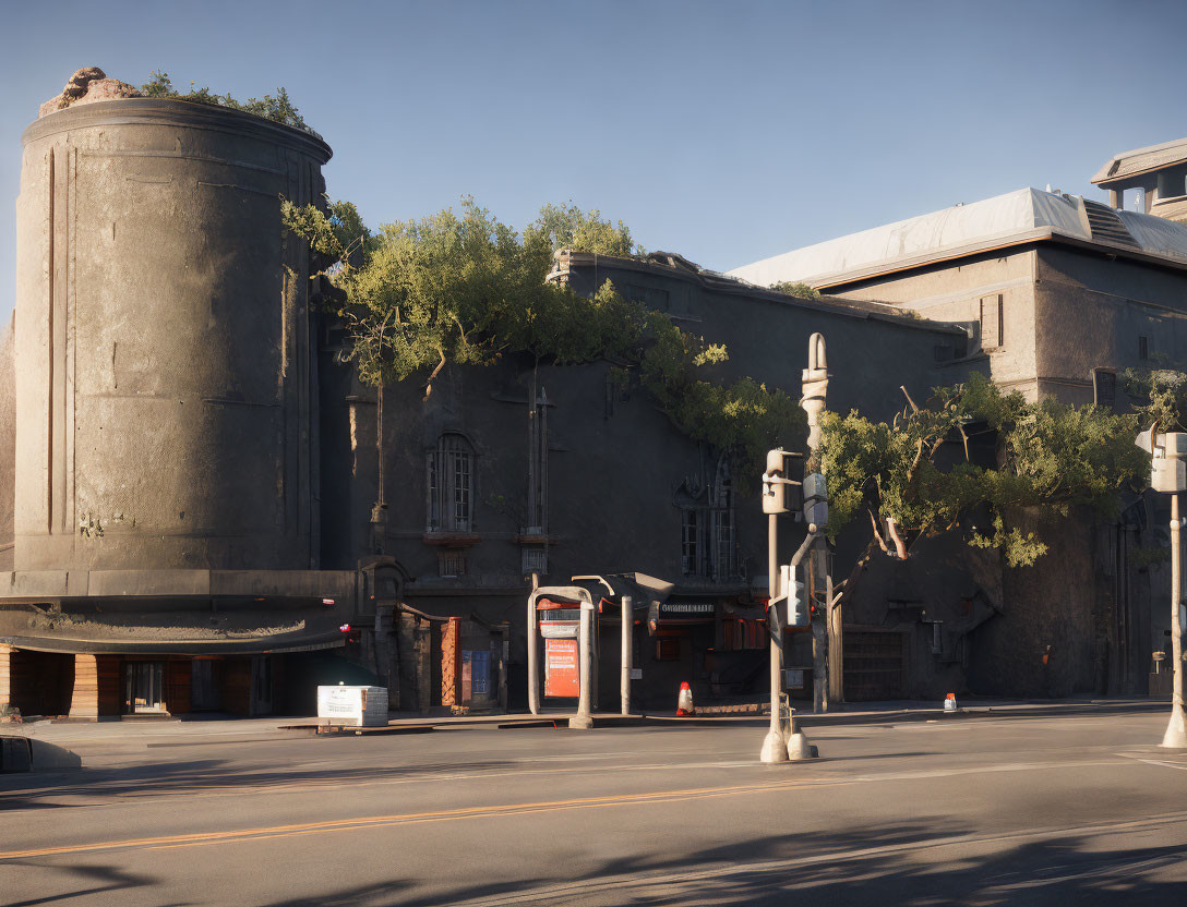 Historical buildings and old silo in serene street scene