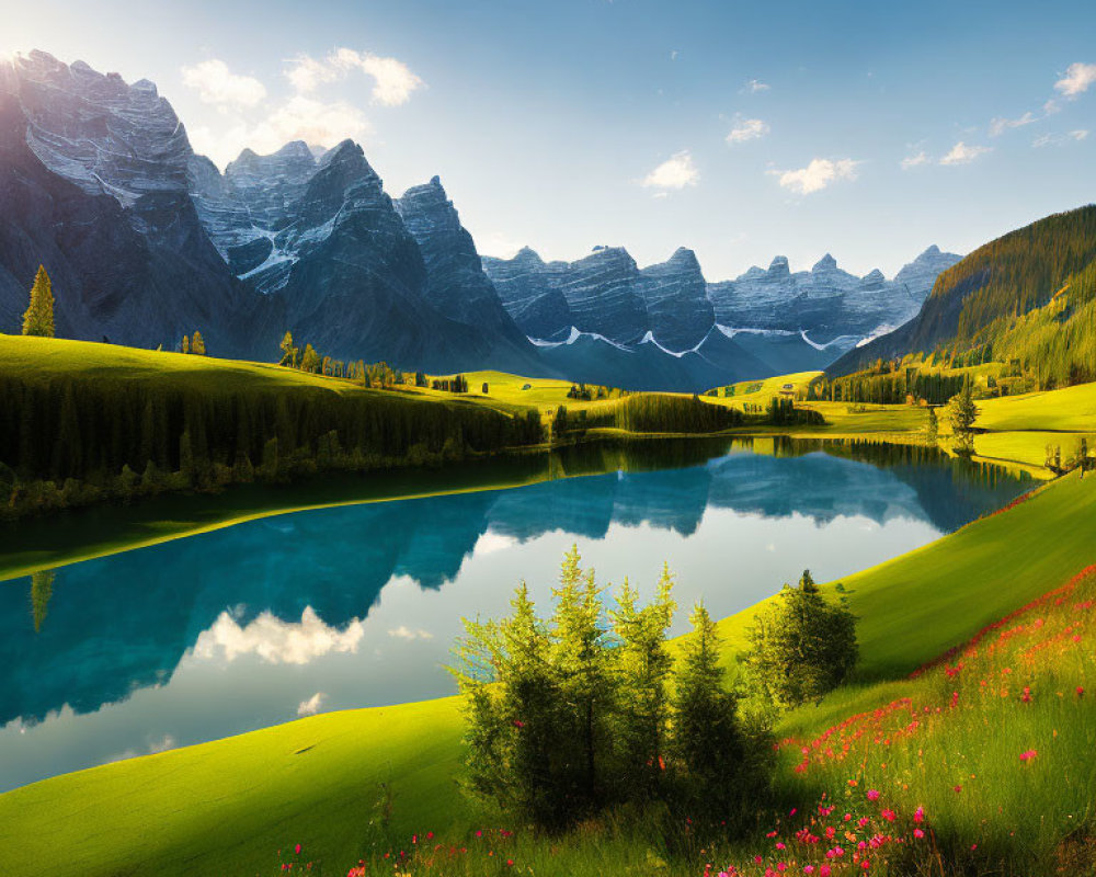 Scenic green meadow with wildflowers, lake, mountains, and blue sky