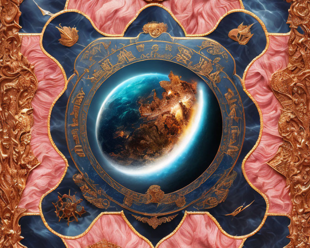 Baroque-style ornate frame around celestial orb with intricate markings