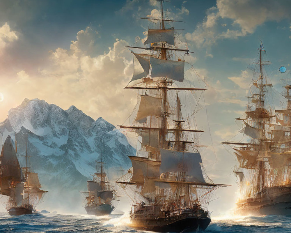 Tall ships sailing on rough seas with icy mountains and sun rays.