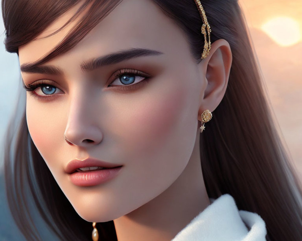 Woman with Striking Blue Eyes and Gold Earrings in Close-up Shot