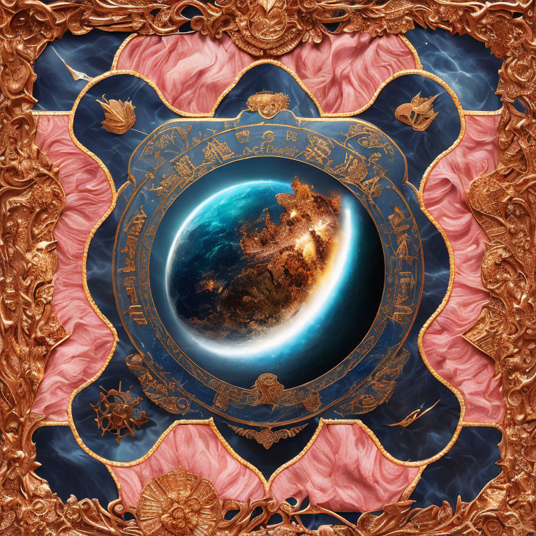 Baroque-style ornate frame around celestial orb with intricate markings