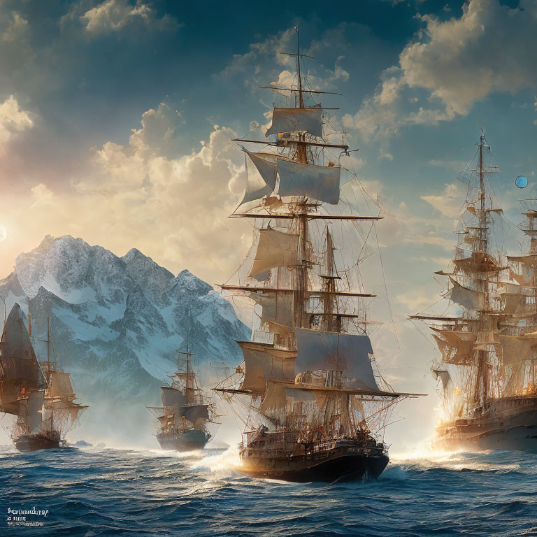 Tall ships sailing on rough seas with icy mountains and sun rays.