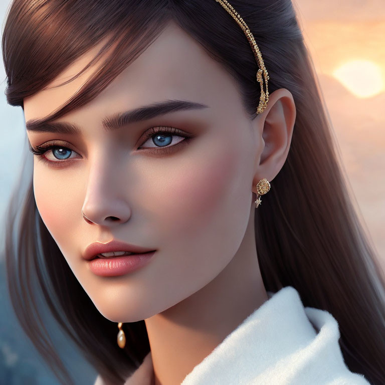 Woman with Striking Blue Eyes and Gold Earrings in Close-up Shot