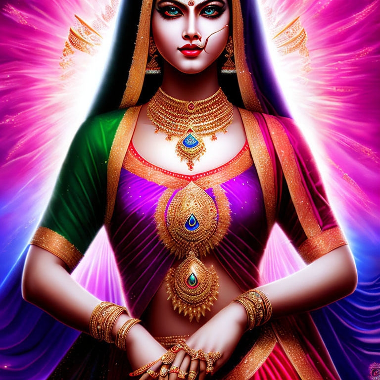 Digital artwork of a mystical woman in traditional Indian attire with four arms