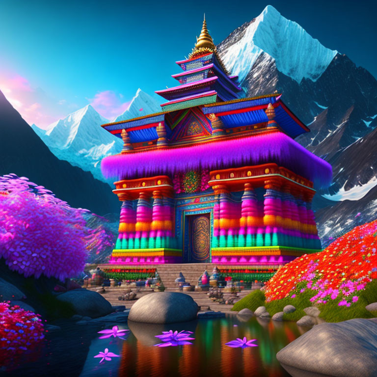 Colorful Tiered Roof Temple in Mountainous Landscape with River