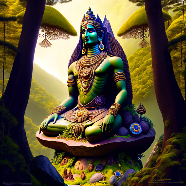 Serene multi-armed figure meditating in lush forest landscape