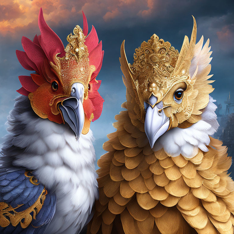 Majestic birds with golden headpieces in dramatic sky