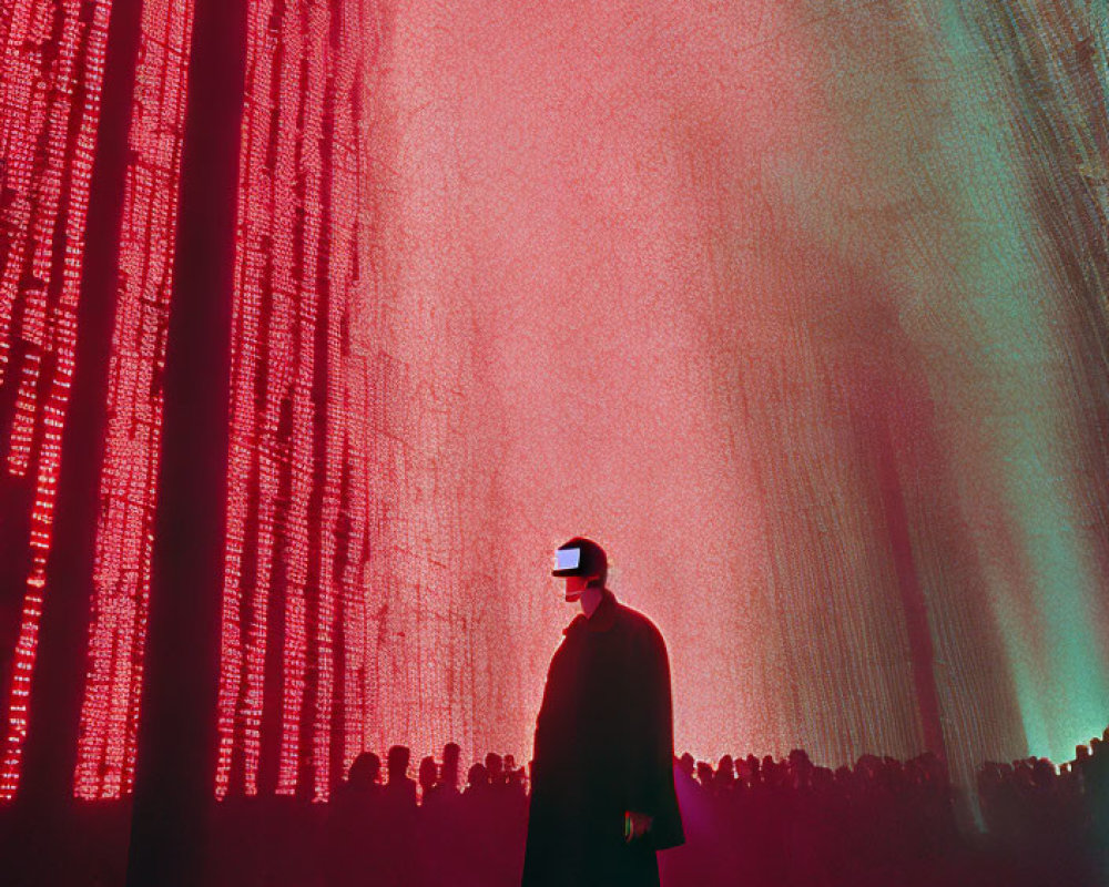 Silhouette of person in hat and coat in vibrant forest with neon light beams