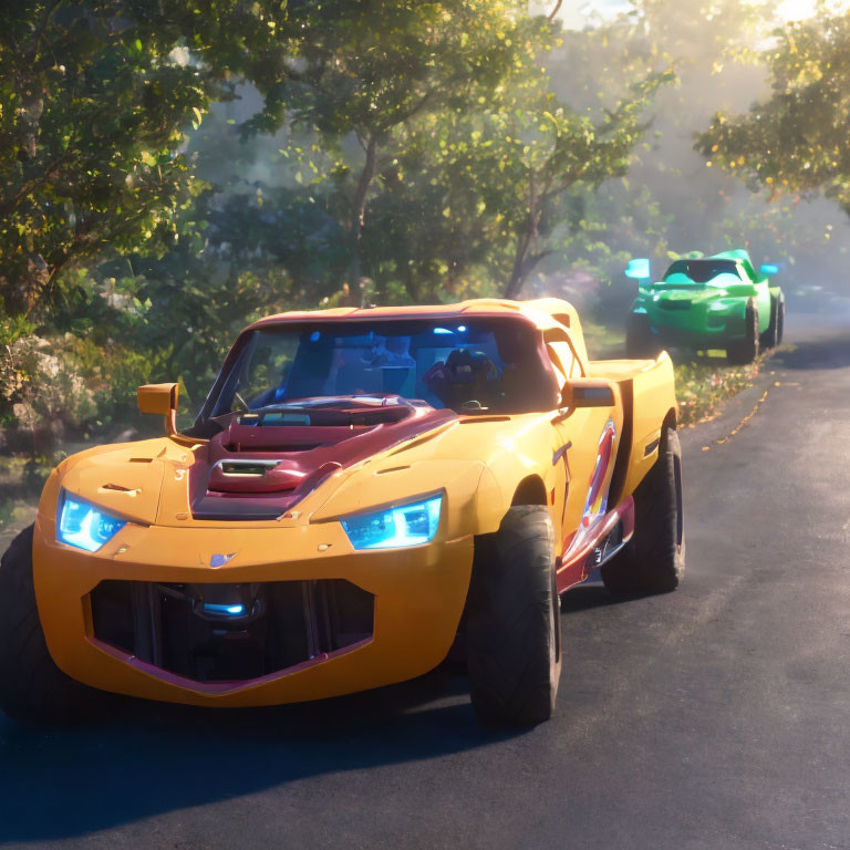 Two vibrant sports cars on sunlit road surrounded by lush greenery