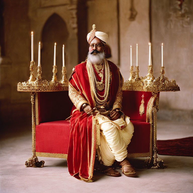 Traditional Indian Man in Royal Attire on Red Throne with Lit Candles