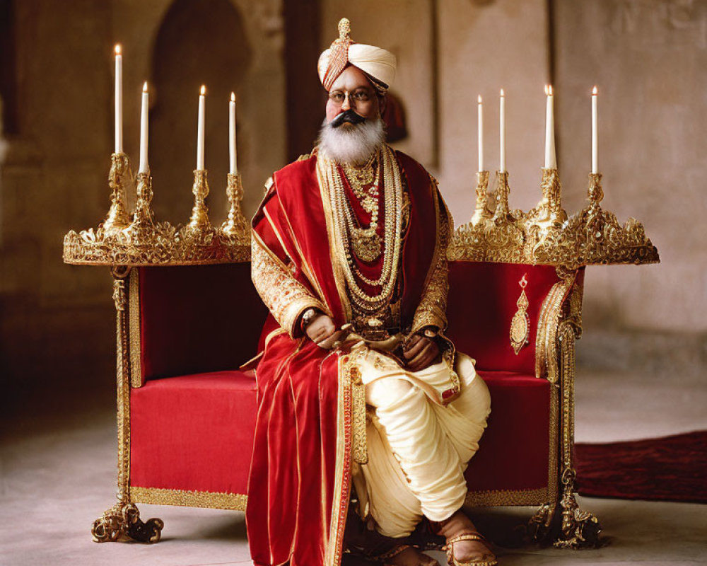 Traditional Indian Man in Royal Attire on Red Throne with Lit Candles
