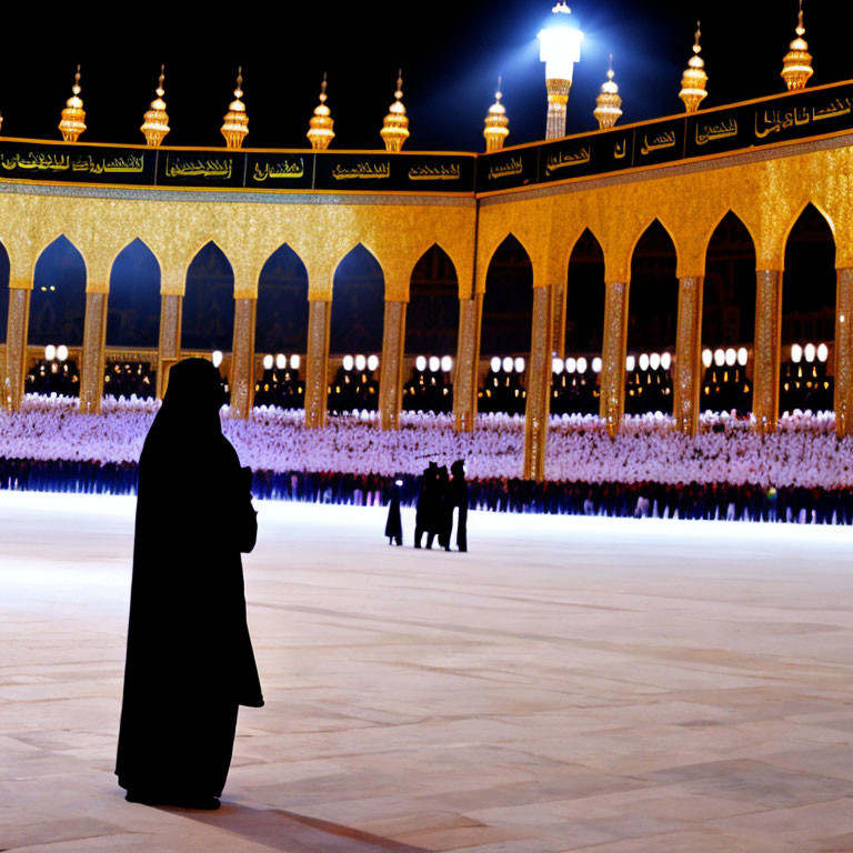 Silhouetted figure at brightly lit religious gathering with ornate architecture