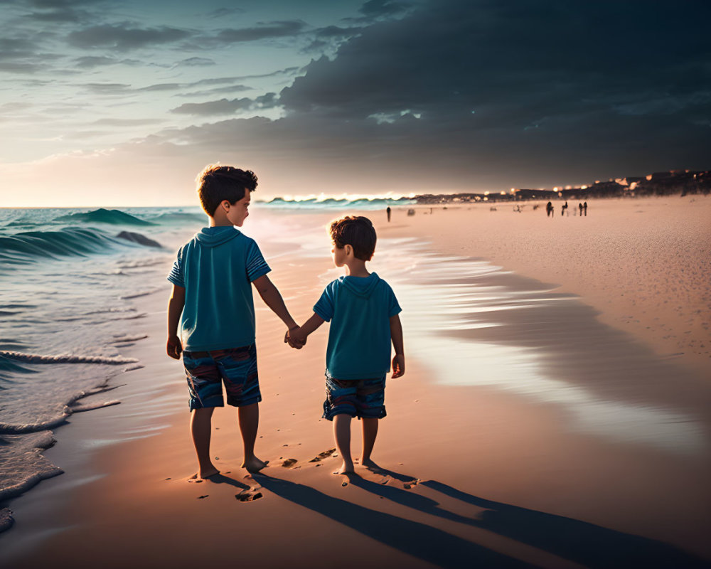 Children holding hands on beach at sunset with waves and beachgoers.