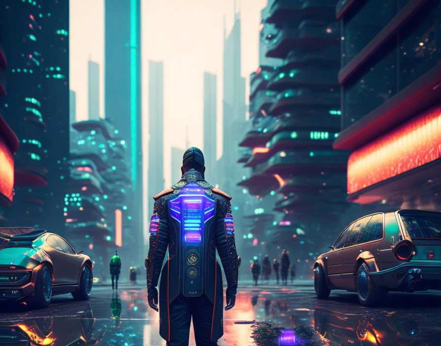 Futuristic jacket wearer in neon-lit cyberpunk cityscape