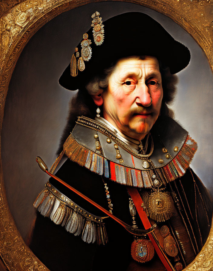 Man in 17th-Century Attire with Feathered Hat, Mustache, and Military