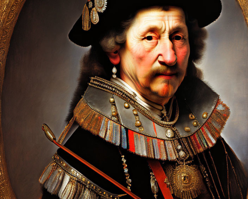 Man in 17th-Century Attire with Feathered Hat, Mustache, and Military