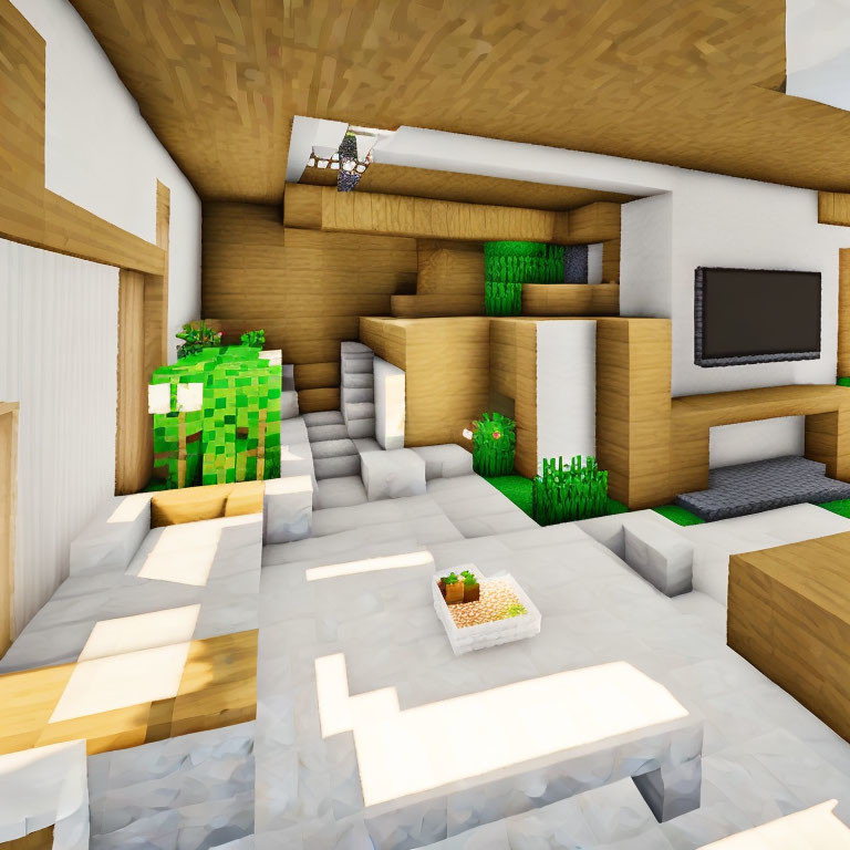 Modern Minecraft interior with wooden staircase, plants, TV, and sofa