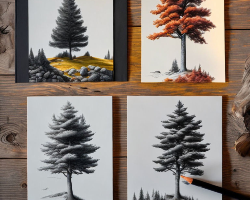 Realistic Tree Drawings on Wooden Surface: 4 Artworks, 1 Color, 3