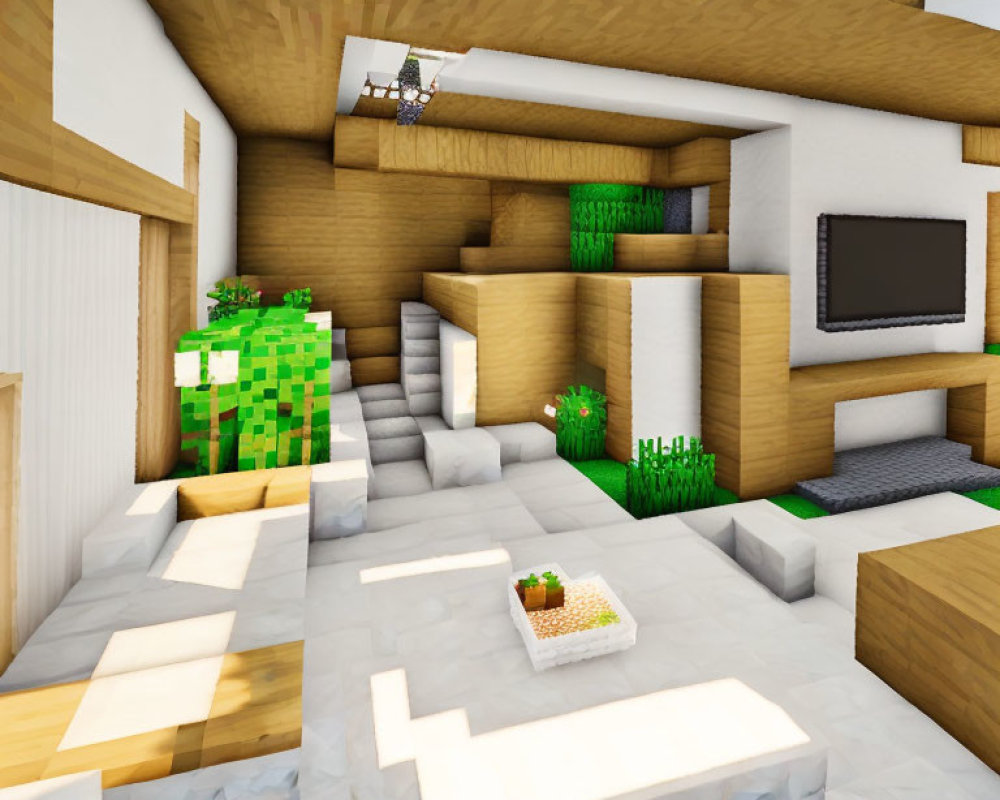 Modern Minecraft interior with wooden staircase, plants, TV, and sofa