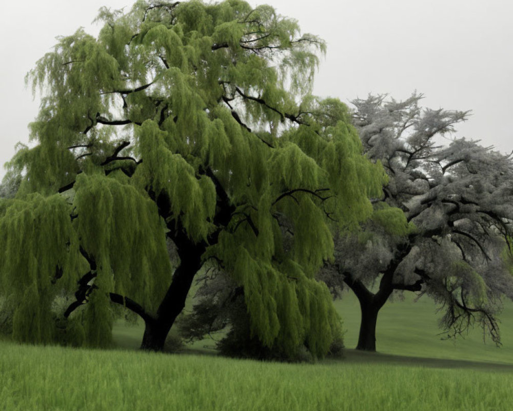 Foggy day scene with lush green weeping willow trees