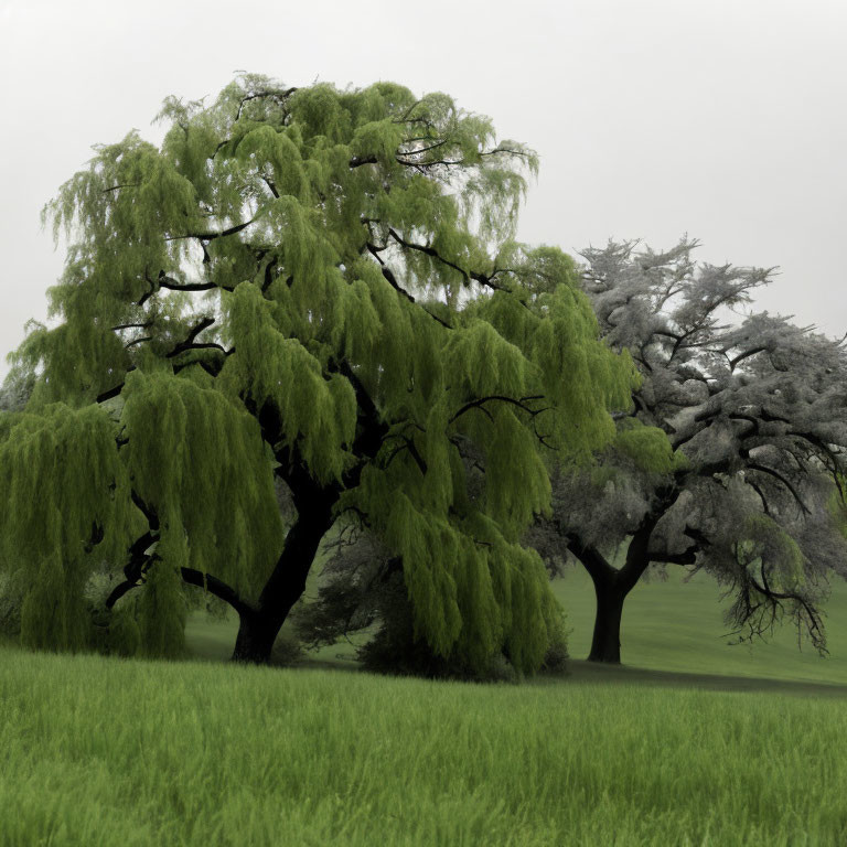 Foggy day scene with lush green weeping willow trees