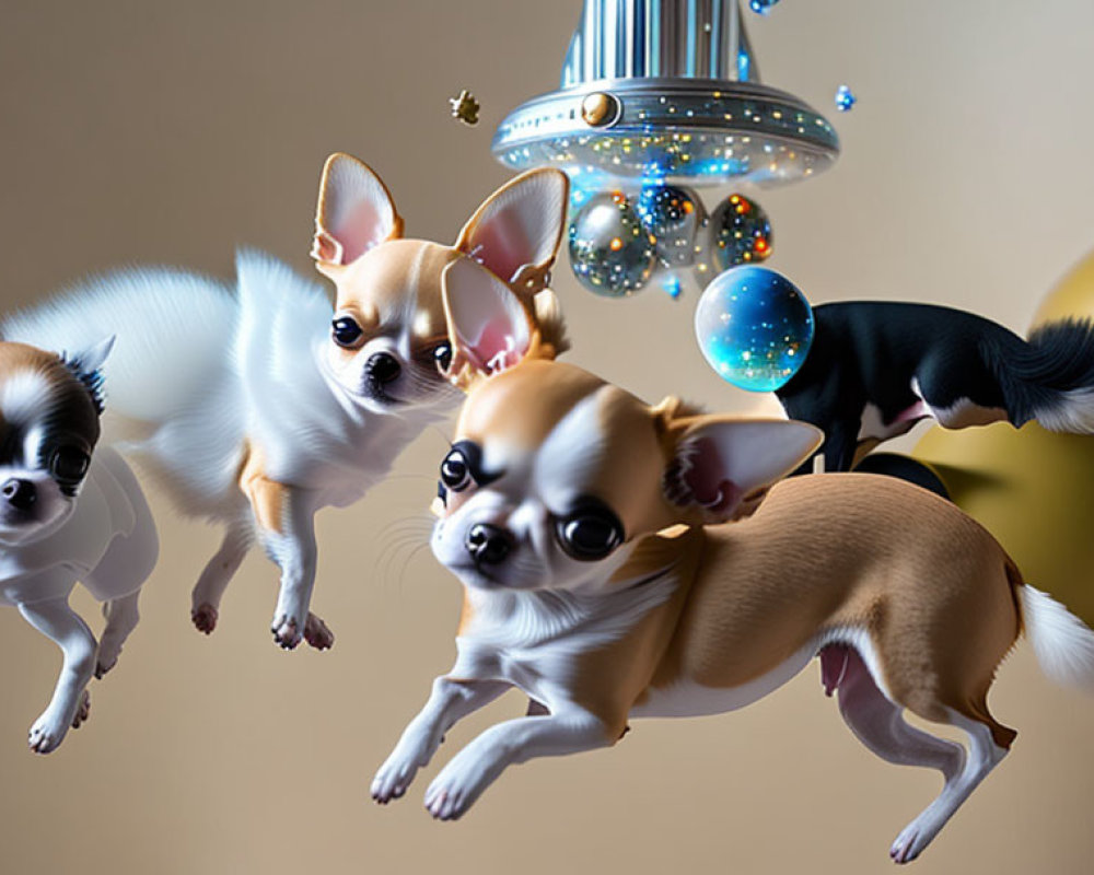 Three floating Chihuahuas with futuristic device and glowing orbs