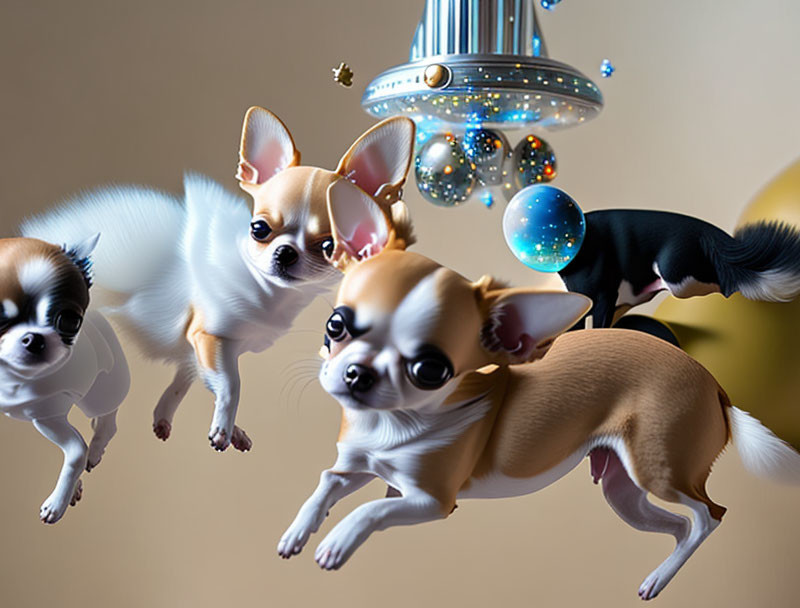 Three floating Chihuahuas with futuristic device and glowing orbs