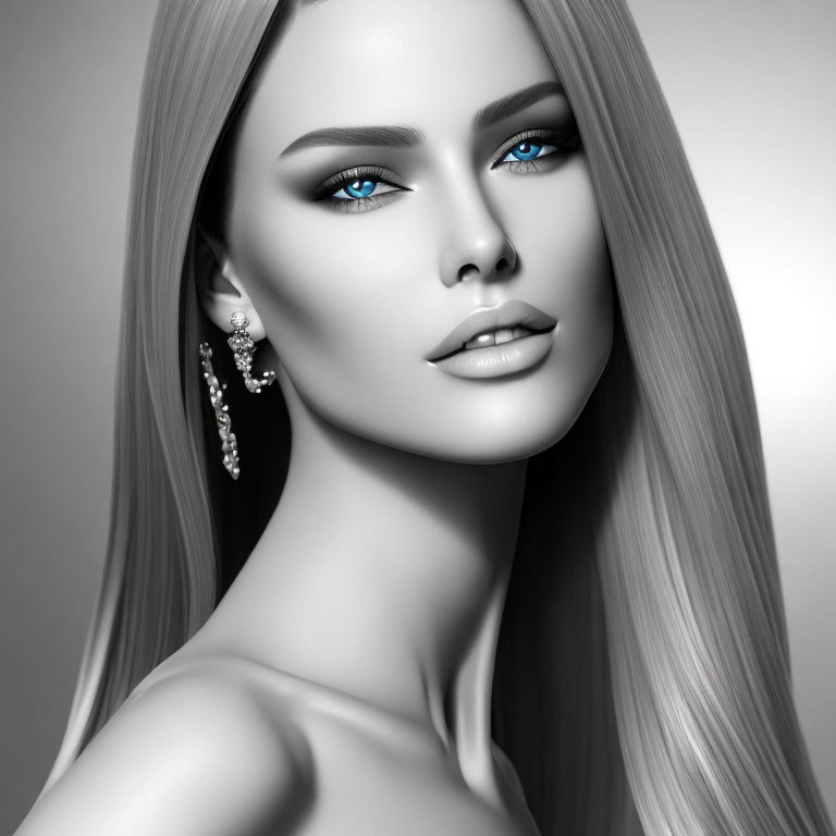 Monochrome portrait of woman with blue eyes and long hair