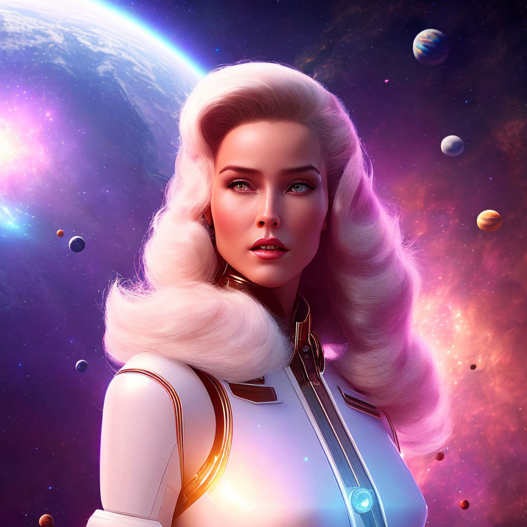 Digital Art: Retro-Futuristic Woman in Cosmic Setting