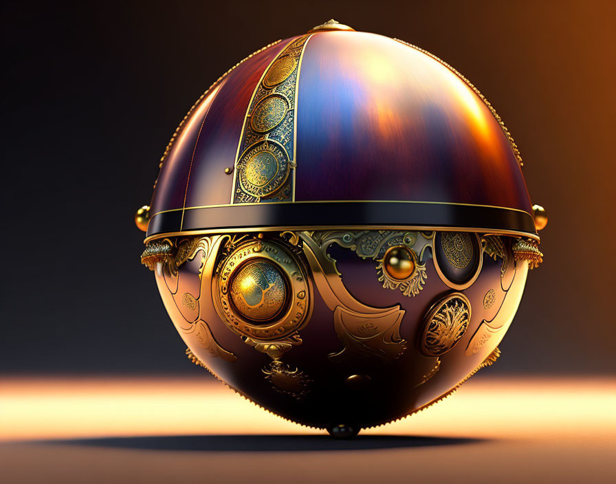 Intricate gold embellished spherical artifact with polished surface