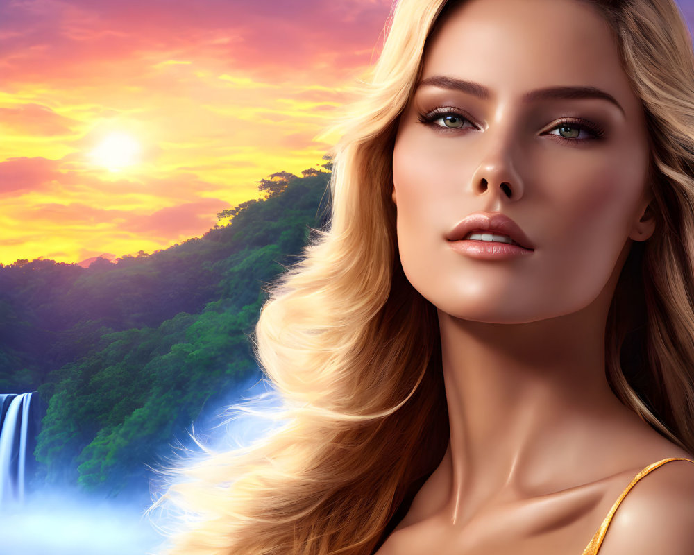 Blonde woman portrait with sunset, forest, and waterfall background