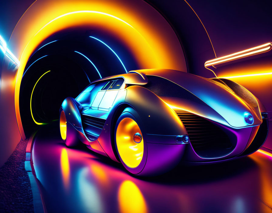 Sleek futuristic car in neon-lit tunnel with orange and blue lights