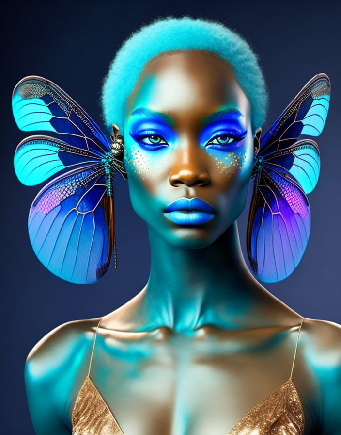 Striking Blue Makeup and Hair with Butterfly Wing Accessories