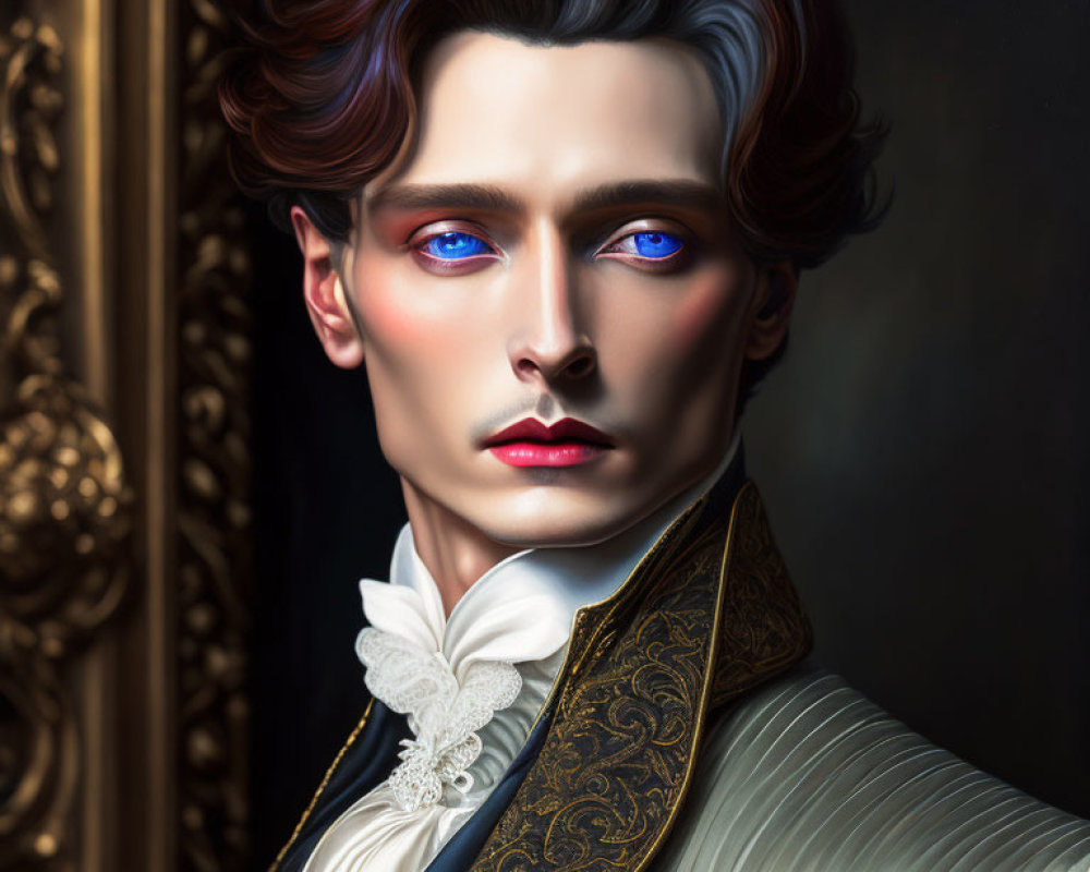 Digital portrait: Person with vibrant blue eyes, vintage attire, wavy hair on dark background.