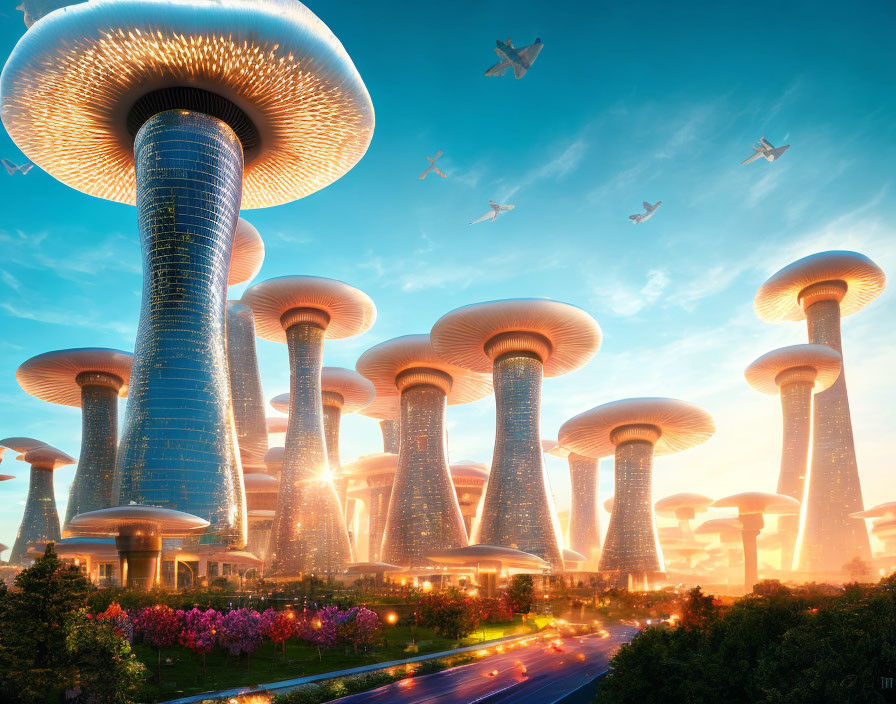 Futuristic cityscape with mushroom-shaped skyscrapers and glowing lights at dusk