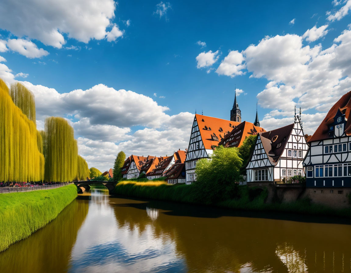 Tranquil waterway with green willow trees and half-timbered houses