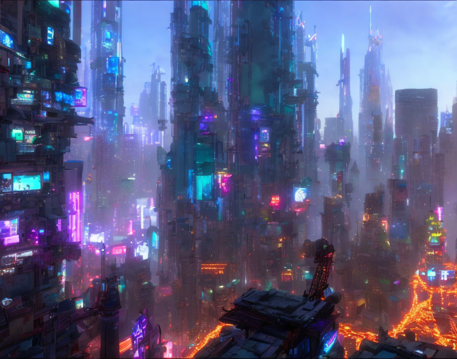 Futuristic cityscape at dusk with neon signs and skyscrapers