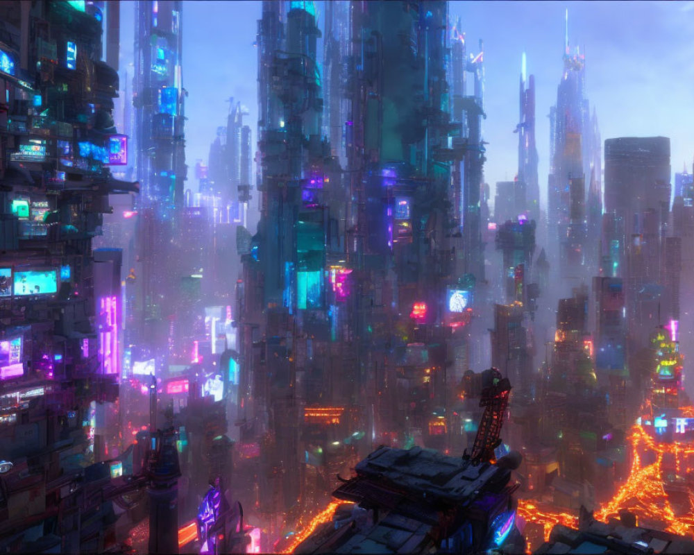 Futuristic cityscape at dusk with neon signs and skyscrapers