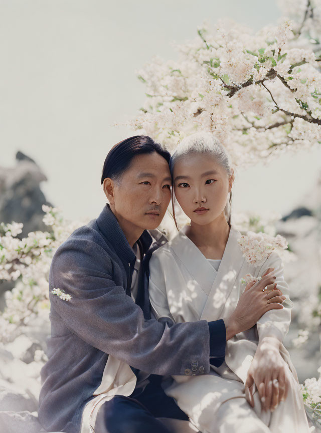 Traditional attire couple embraces under cherry blossom tree in serene setting