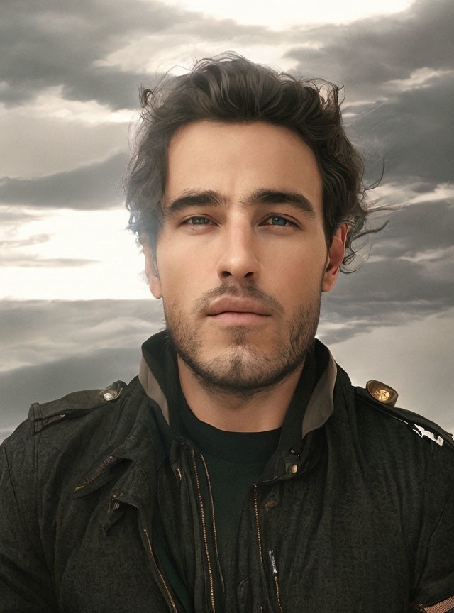 Young Man with Dark Curly Hair in Military Jacket on Cloudy Sky